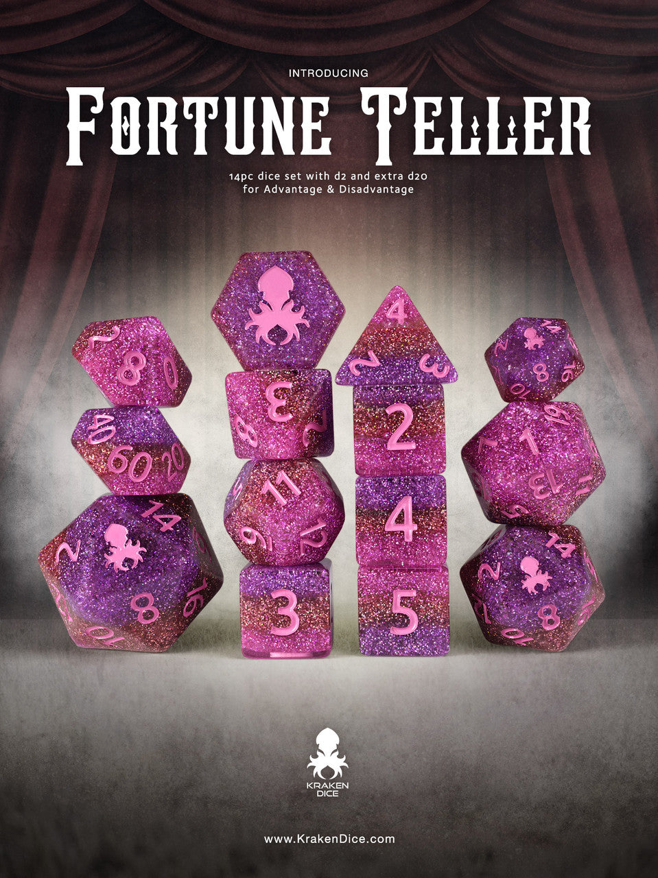 Fortune Teller 14pc Dice Set Inked in Pink